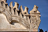 Ananda temple Bagan, Myanmar. Double bodied lions, Manukthiha, guard each corner of the temple base. 